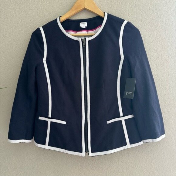 Crown & Ivy Navy White Trim Cropped Blazer Jacket NWT Size Small Preppy Chic - Picture 2 of 7
